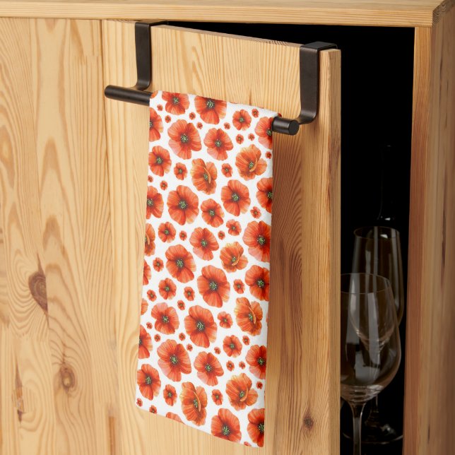 Watercolor Poppies Pattern Tea Towel (Thirds Fold)
