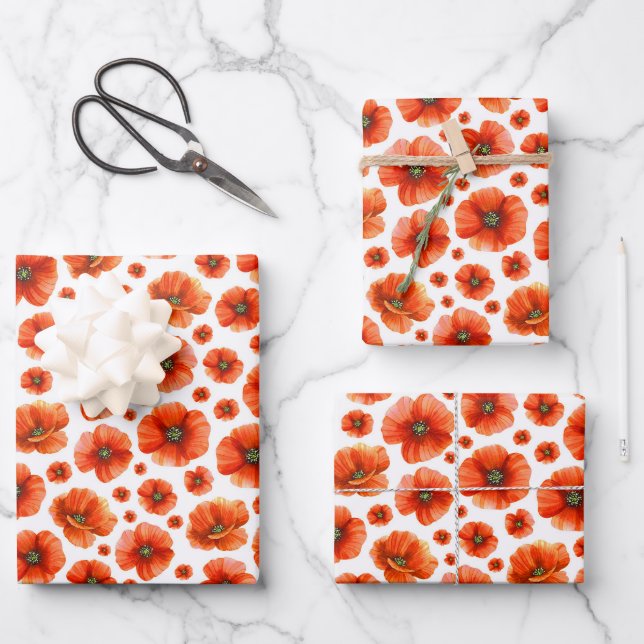 Watercolor Poppies Pattern Wrapping Paper Sheet (Front)