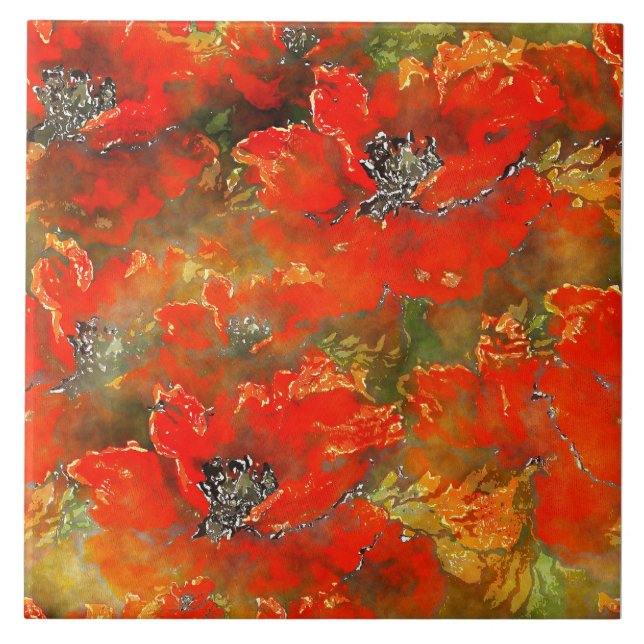 Watercolor Poppies Reddish-Orange Ceramic Tile (Front)