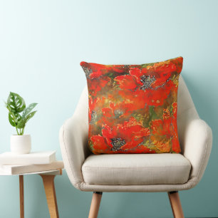 Watercolor Poppies Reddish-Orange Cushion