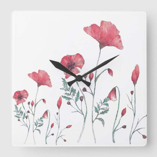 Watercolor Poppies Square Wall Clock (Front)
