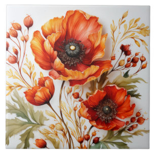 watercolor poppy bouquet of wildflowers ceramic tile