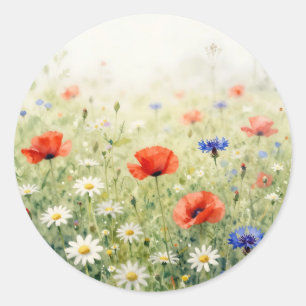 Watercolor Poppy Daisy Cornflower Meadow Pattern Classic Round Sticker