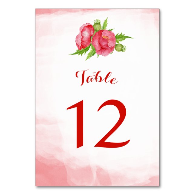 Watercolor Poppy Flower Table Number Cards (Front)