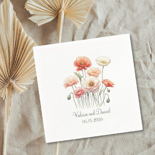Watercolor Poppy Flowers Boho Wedding Cocktail Napkin