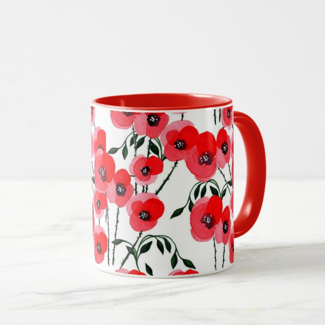 Watercolor poppy flowers botanical mug (Front Right)