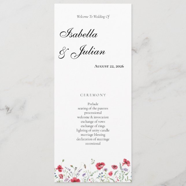 Watercolor Poppy & Lavender Floral Wedding Program (Front)