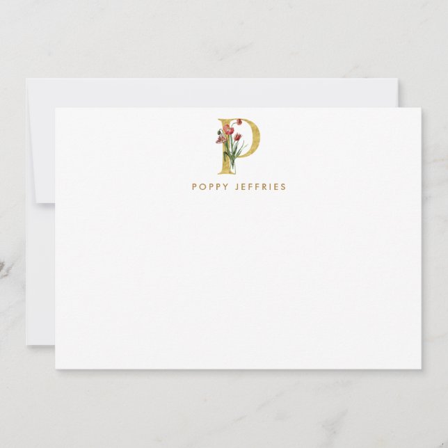 Watercolor Poppy Monogram Gold Letter P Card (Front)