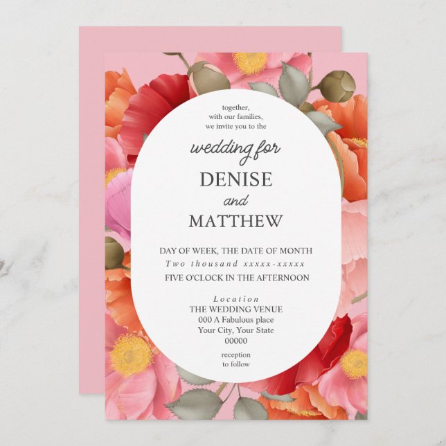 Watercolor Poppy on Almond Blossom Pink Invitation (Front/Back)