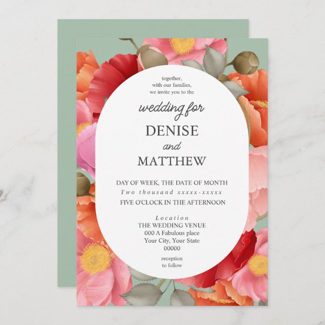 Watercolor Poppy on Cameo Green Invitation (Front/Back)