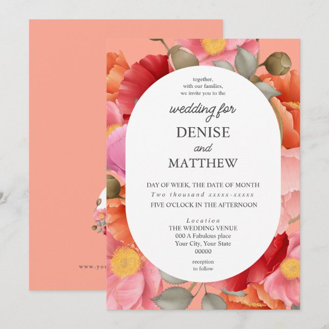 Watercolor Poppy on Salmon Pink Invitation (Front/Back)