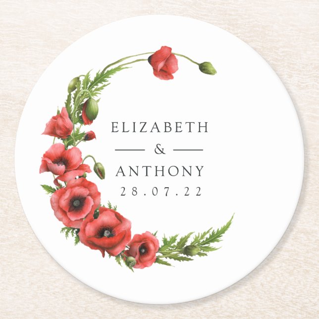 Watercolor Poppy Rustic Country Wedding Round Paper Coaster (Front)