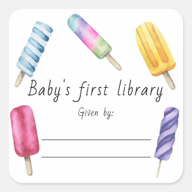 Watercolor Popsicle Baby's first library  Square Sticker (Front)