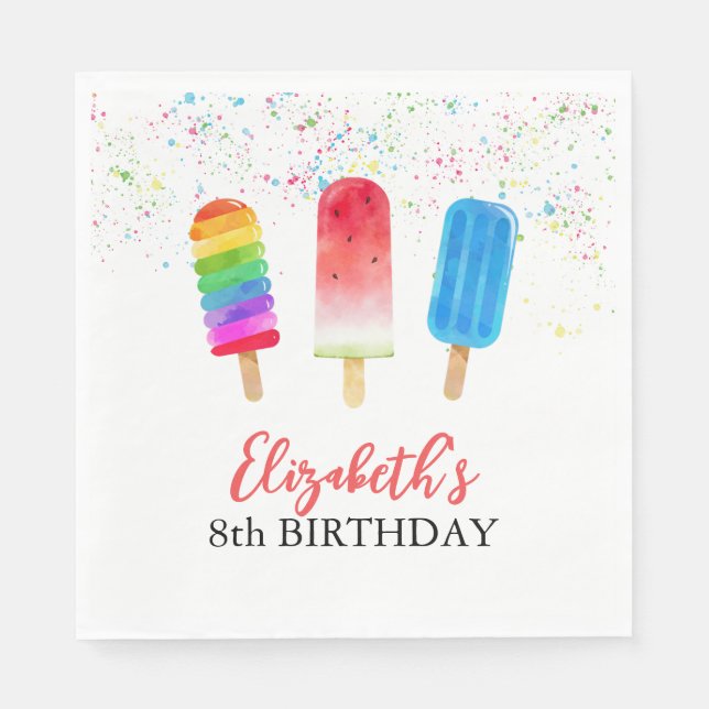 Watercolor Popsicles Custom Name Birthday Napkins  (Front)