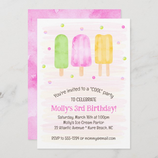 Watercolor Popsicles Cute Pink Girl 3rd Birthday Invitation (Front/Back)