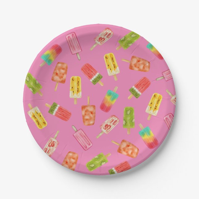 Watercolor Popsicles Summer birthday party  Paper Plate (Front)