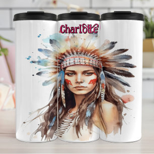 Watercolor Portrait Native American Headdress Thermal Tumbler