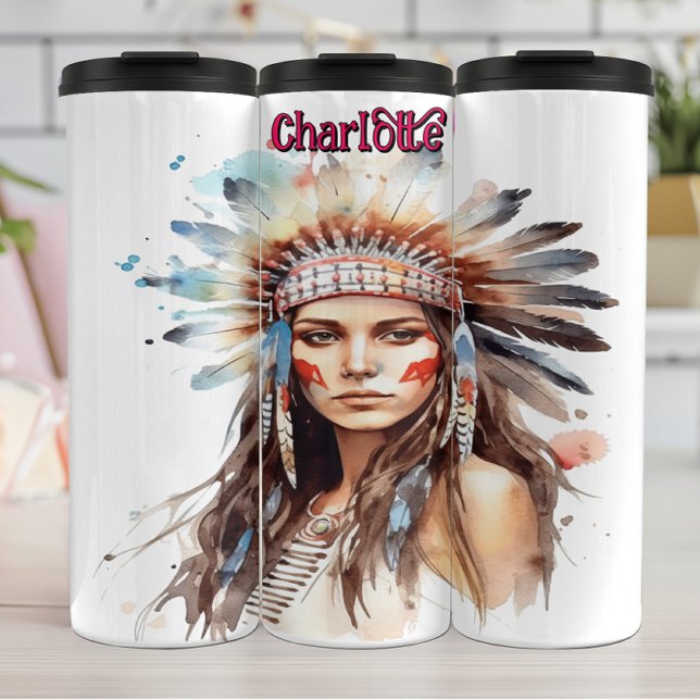 Watercolor Portrait Native American Headdress Thermal Tumbler (Creator Uploaded)