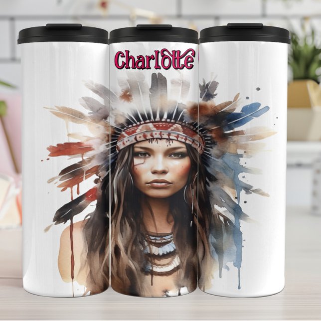 Watercolor Portrait Native Feathered Headdress Thermal Tumbler (Creator Uploaded)