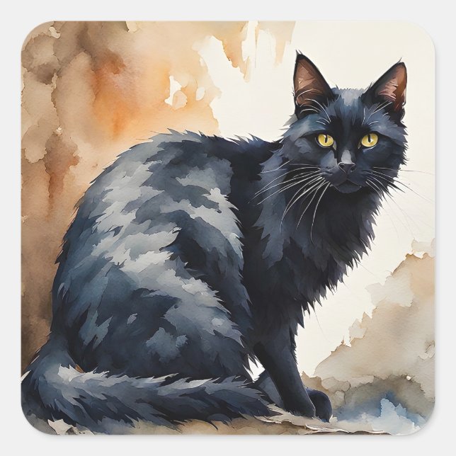 Watercolor Portrait of Black Cat Pose Square Sticker (Front)