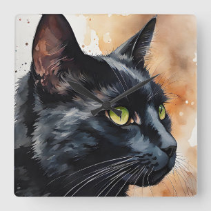 Watercolor Portrait of Black Cat Profile Pose Square Wall Clock