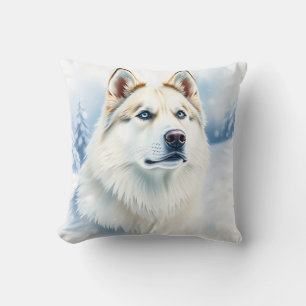 Watercolor Portrait of Siberian Husky in Snowy  Cushion
