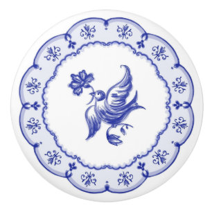 Watercolor Portuguese Azulejos Delft Blue Bird  Ceramic Knob