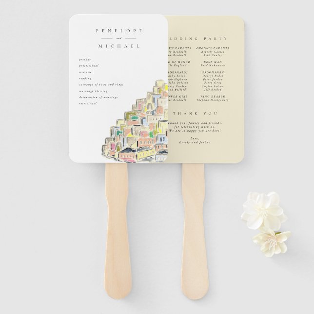 Watercolor Positano Destination Wedding Program Hand Fan (Front and Back)