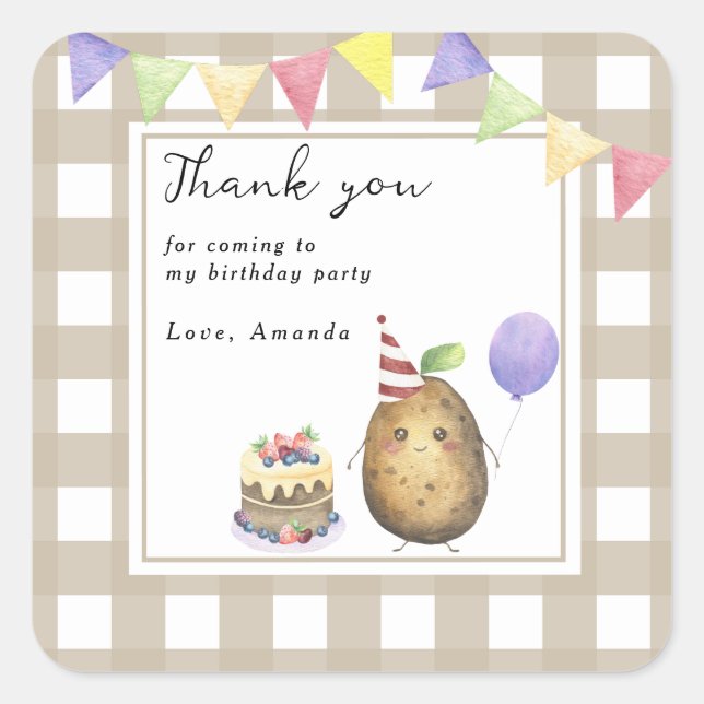 Watercolor Potato 1st birthday thank you Square Sticker (Front)