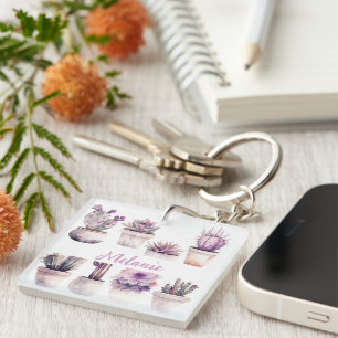 watercolor potted cactus key ring
