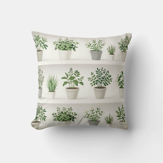 Watercolor Potted Herbs Shelf Pattern Cushion (Front)