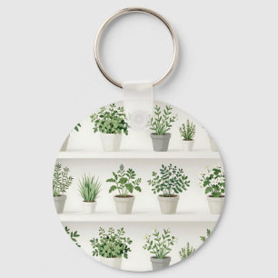 Watercolor Potted Herbs Shelf Pattern Key Ring