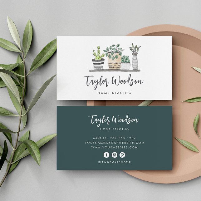 Watercolor Potted Houseplants Signature Script Business Card (Creator Uploaded)