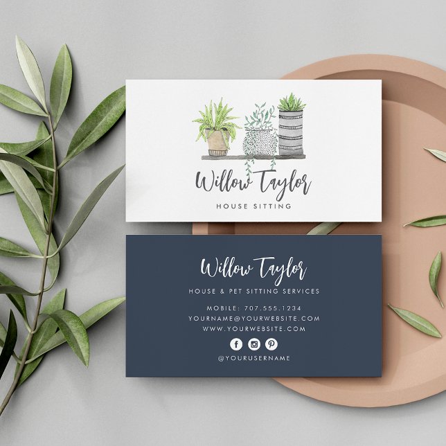 Watercolor Potted Houseplants Signature Script Business Card (Creator Uploaded)