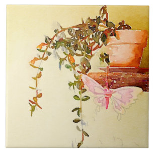 Watercolor Potted Plant and Butterfly Metal Print Ceramic Tile