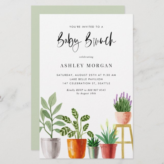 Watercolor Potted Plants Baby Brunch Invitation (Front/Back)