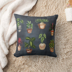Watercolor Potted Plants Rustic Monogram Black  Cushion