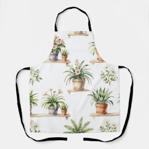 Watercolor Potted Plants Shelf Pattern Apron