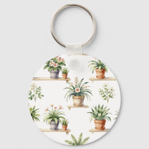 Watercolor Potted Plants Shelf Pattern Key Ring