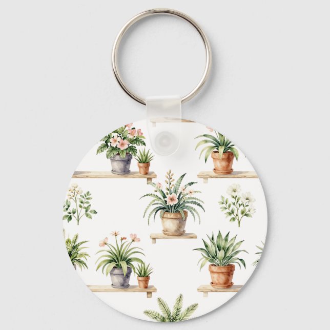 Watercolor Potted Plants Shelf Pattern Key Ring (Front)