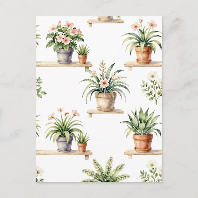 Watercolor Potted Plants Shelf Pattern Postcard (Front)