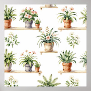 Watercolor Potted Plants Shelf Pattern Poster