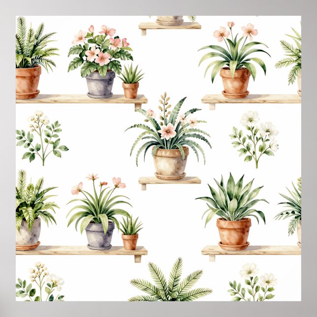 Watercolor Potted Plants Shelf Pattern Poster (Front)