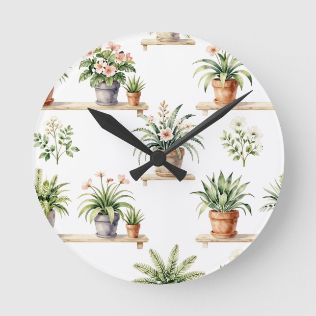 Watercolor Potted Plants Shelf Pattern Round Clock (Front)