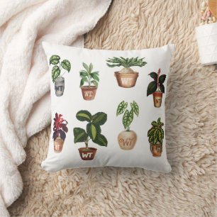 Watercolor Potted Plants Terracotta Pots Monogram Cushion