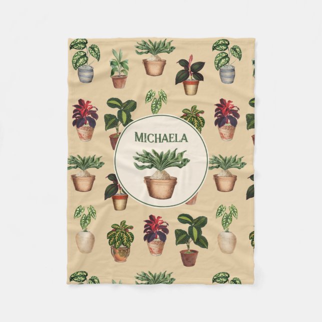 Watercolor Potted Plants Terracotta Pots Name Fleece Blanket (Front)