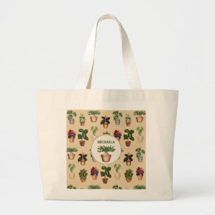 Watercolor Potted Plants Terracotta Pots Name Large Tote Bag