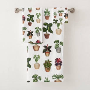 Watercolor Potted Plants Terracotta Pots Pattern Bath Towel Set