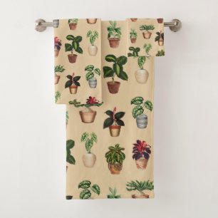 Watercolor Potted Plants Terracotta Pots Pattern  Bath Towel Set