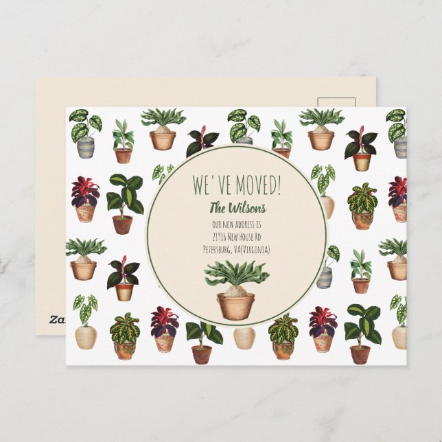 Watercolor Potted Plants We've Moved New Home Holiday Postcard (Front/Back)